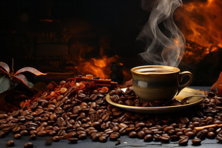 Coffee in a cup and saucer on a background of a burning fireplaceの素材