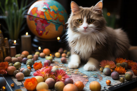 Cute Maine Coon cat sitting on a world map with Easter decorationの素材