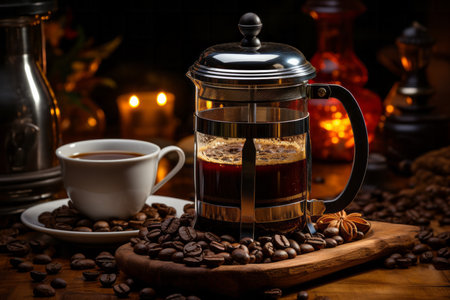 Coffee in a cup and saucer on an old backgroundの素材