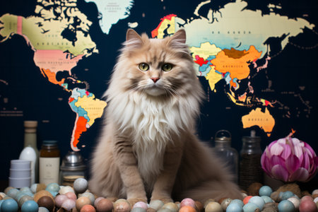Portrait of Maine Coon cat with Easter eggs and world map on backgroundの素材