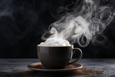 Cup of hot coffee with steam on dark background, closeupの素材