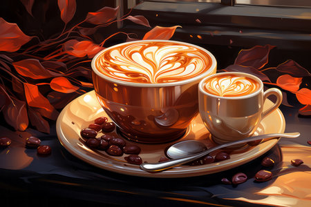 Two cups of coffee with latte art on a black background.の素材