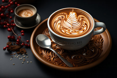 Cup of coffee with latte art on black background, stock photoの素材