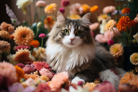 beautiful fluffy cat lying on the background of a bouquet of flowersの素材