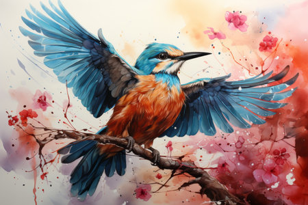 Digital painting of a kingfisher bird on a branch with flowersの素材