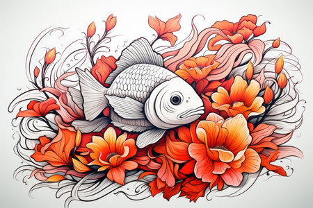 Hand drawn fish and flowers. Vector illustration for your graphic design.の素材