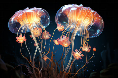 Jellyfish on a dark background. 3D rendered illustration.の素材