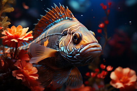 Tropical fish in aquarium. Underwater world. 3d renderingの素材