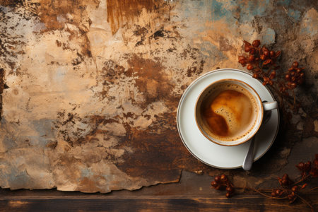 Cup of coffee on old paper background. Top view with copy spaceの素材