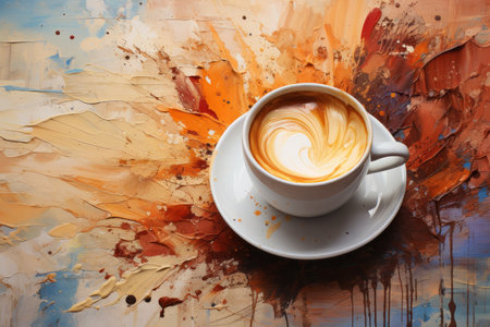 Coffee cup on abstract color painting background. Coffee art.の素材