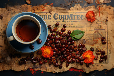 Coffee beans and cup of coffee on the old paper backgroundの素材