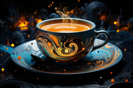 Cup of coffee on a black background. 3d illustration.の素材