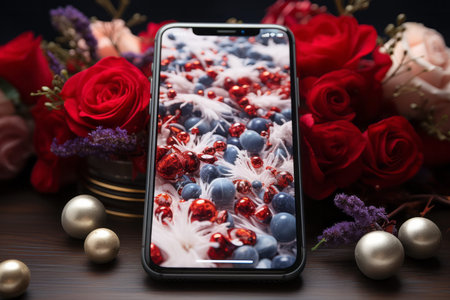 Smartphone with bouquet of red roses on a wooden table.の素材
