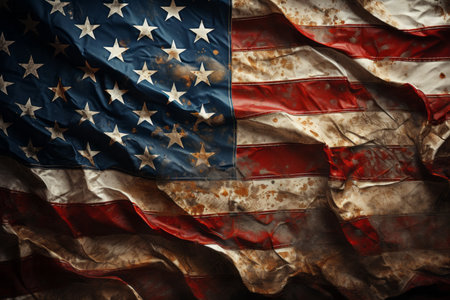 American flag with rusted and crumpled grunge texture.の素材