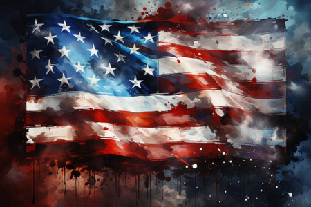 American flag in grunge style with splashes and stains on itの素材