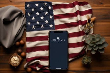 Smart phone with free time app on the screen and American flag on wooden background.の素材