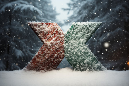 Cross in the snowy forest. Christmas and New Year greeting card.の素材