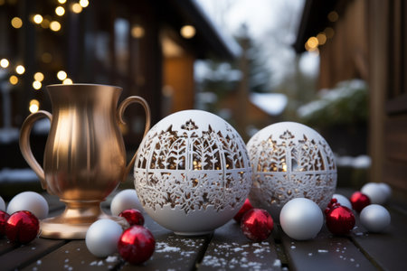 Christmas and New Year Decorations on a wooden terrace.の素材