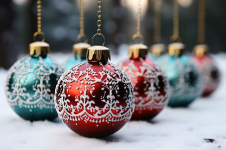 Christmas balls on snow background. Christmas decoration. New Year background.の素材