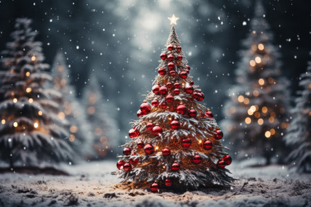 Christmas tree with red and golden baubles in snowy forest.の素材