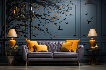 Luxury living room interior with a purple sofa, orange cushions, nightstands and a black wall. 3d render.の素材