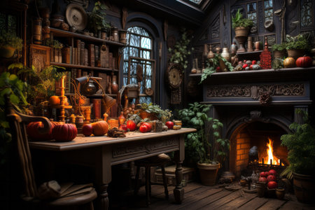 Scary halloween background with pumpkins and fireplace. Horror Halloween concept.の素材