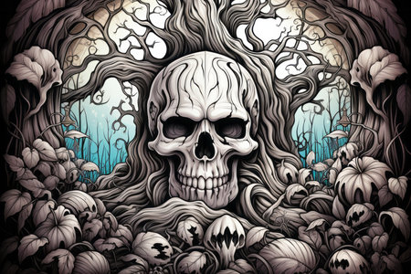 Halloween background with human skull in the tree. Vector illustration.の素材