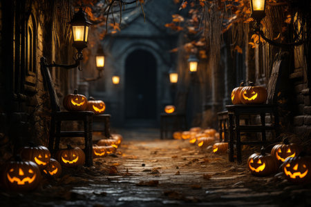 Halloween background with pumpkins and lanterns. Halloween concept.の素材