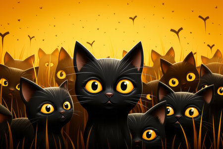 Group of black cats in the grass on a yellow background. Vector illustration.の素材