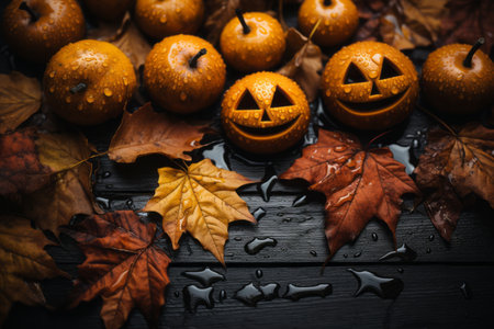 Halloween pumpkins and autumn leaves on black wooden background. Selective focus.の素材