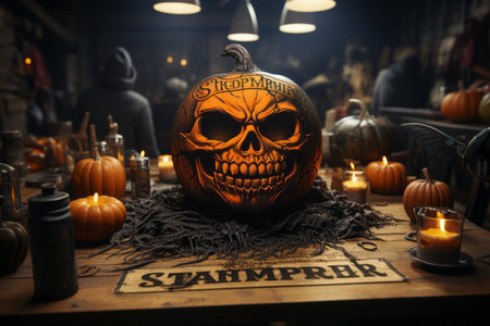 Halloween pumpkin head jack o lantern on wooden table in dark roomの素材