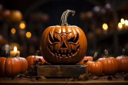 Halloween pumpkin head jack o lantern with burning candles in the backgroundの素材