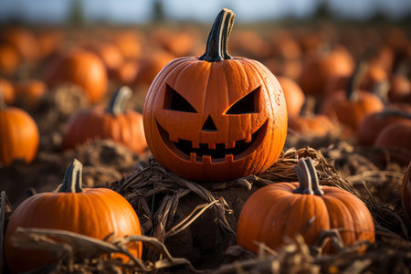 Halloween pumpkins on a field ready for halloween.の素材