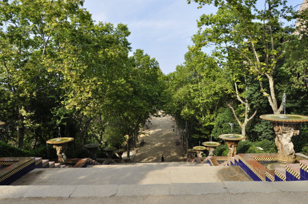 Staircase at the heights of montjuic park in the city of Barcelonaの写真素材