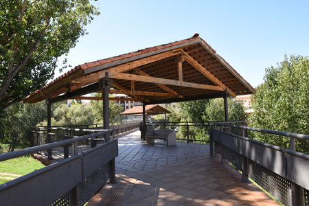 Booths on a pedestrian bridge in AlcaÃ±iz, Spainの写真素材