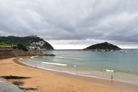 View of La Concha beach in San Sebastian, Spainの写真素材