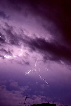 Lightning in the night sky. Thunderstorm, lightning strike.の写真素材