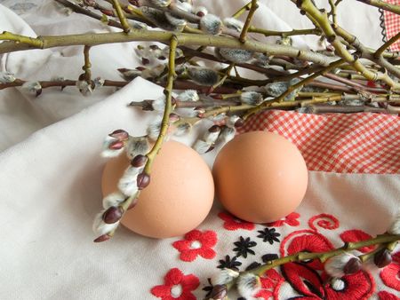 Celebratory easter still-life on the embroidered towel の写真素材