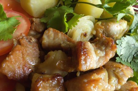 Stewed meat with a potato and tomatoesの写真素材