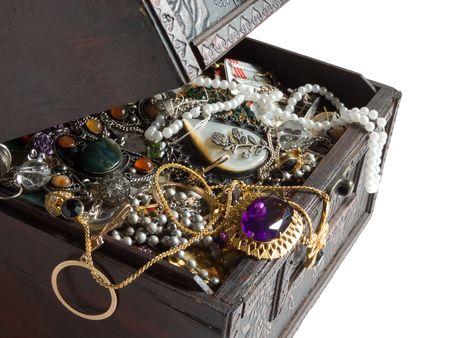 Wooden treasure chest with valuablesの写真素材