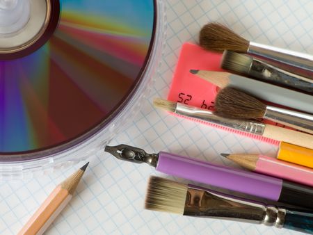 office supplies on squared sheet of a copybookの写真素材