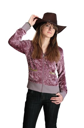 cowgirl in jeans and a cowboy hatの写真素材
