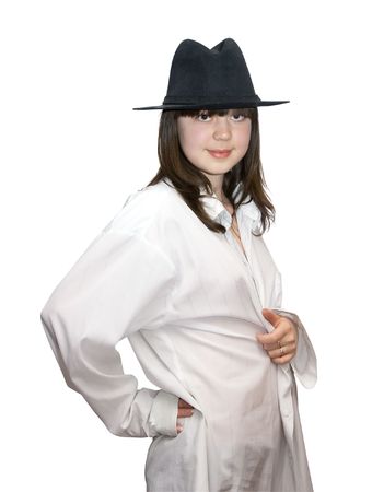 brunette pin-up girl in white unbuttoned skirt over whiteの写真素材