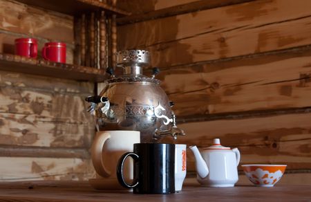 traditional russian samovar in interior of bathhouseの写真素材