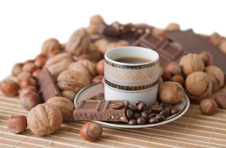 cup of coffee with nuts and chocolateの写真素材