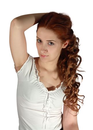 Portrait of curly long haired girl on white backgroundの写真素材