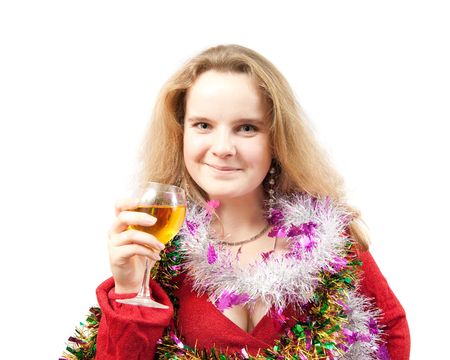 New Year's Eve party girl toasting the new year with a little wine, Isolatedの写真素材