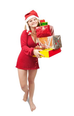 a nice girl holding coloured festive boxes の写真素材