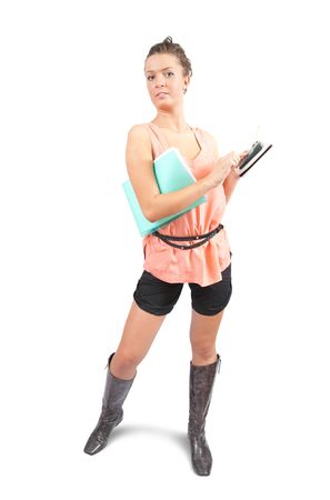 young attractive accountant holding a calculator on white background の写真素材