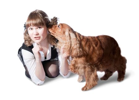 young girl with cocker spaniel over white の写真素材